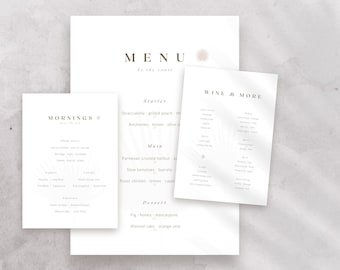 Pacchetto di menu editoriali a tema costiero / Modelli Canva eleganti e delicati per ristoranti e caffè