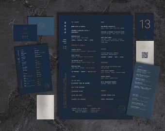 Modelli di menu per ristoranti in stile costiero scuro, pacchetto Surf Cafe Grill (modificabile su Canvas)