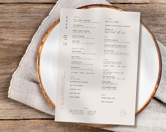 Modello di menu per piatti di pesce, design per ristorante costiero, layout modificabile su Canva (download digitale)