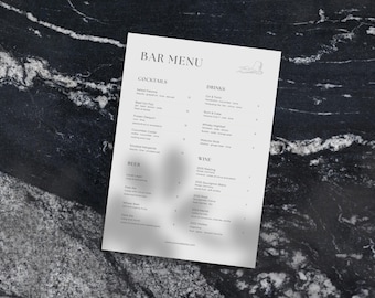 Modello di menu minimalista per bar su Canva, lista bevande modificabile, design per cocktail e ristoranti, modello moderno per il settore dell'ospitalità.