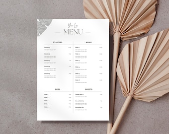 Modello di menu minimalista per ristorante / Menu modificabile con Canva (Download digitale)
