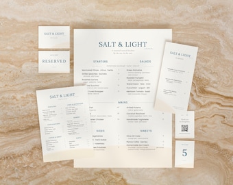 Pacchetto di modelli di menu per ristoranti costieri • Kit di branding Canva modificabile • Design di menu per bar sulla spiaggia e sul surf