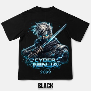 May include: Black t-shirt featuring a futuristic Cyber Ninja graphic. The design includes a ninja with white hair, a mask, and glowing blue eyes, holding a glowing blue sword. The text "CYBER NINJA 2099" is displayed in blue.