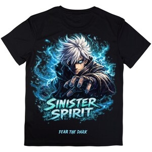 May include: Black t-shirt featuring a digital illustration of a character with white hair and blue eyes, surrounded by blue energy. The text "SINISTER SPIRIT" and "FEAR THE DARK" are displayed in a stylized font.