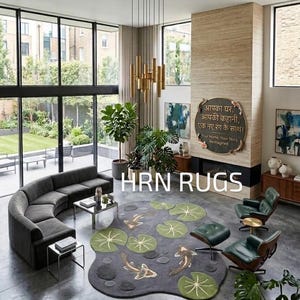 May include: A large, irregularly shaped gray area rug featuring a pond-inspired design with green lily pads, dark gray stones, and koi fish. The rug is placed in a living room with a curved dark gray sofa, two green leather chairs, and a fireplace.