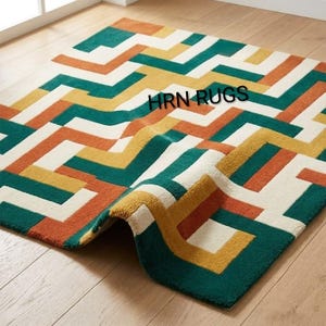 Modern Geometric Hand-Tufted Wool Area Rug | Mid-Century Modern Interlocking Maze Pattern Carpet in Forest Green, Rust Orange, Mustard