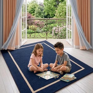 Handgemaakt marineblauw tapijt met rand – modern minimalistisch tapijt, kinderkamertapijt, kinderkamertapijt, tapijt woonkamer, zacht getuft tapijt, slaapkamerdecor