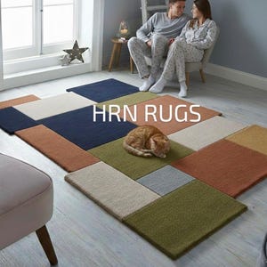 Puede incluir: Una alfombra de patchwork con cuadrados de varios colores, incluyendo azul marino, beige, naranja y verde. Un gato atigrado naranja durmiendo sobre la alfombra. El texto "HRN RUGS" se muestra en la alfombra.