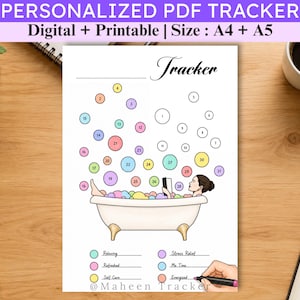 以下が含まれることがあります： 本を読んでいる人が描かれたバスタブのイラスト入りPDFトラッカーシート。1から31までの番号付きの泡、Trackerという見出し、Relaxing、Refreshed、Self Care、Stress Relief、Me Time、Energizedといったカテゴリーの凡例が含まれています。