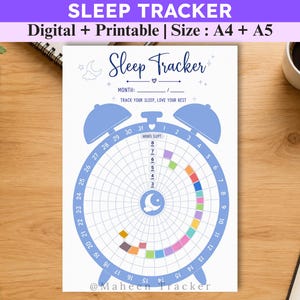 May include: A digital sleep tracker printable sheet featuring a large blue alarm clock graphic with a circular grid for tracking daily hours slept. The design includes the text Sleep Tracker, Month, and Track your sleep, love your rest.