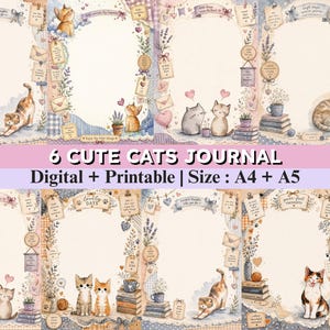 May include: A collection of digital journal pages featuring illustrations of cats, lavender, books, and envelopes. The text 6 CUTE CATS JOURNAL Digital + Printable | Size : A4 + A5 is displayed across the center of the image with various decorative borders.