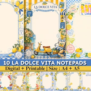 May include: A collection of ten La Dolce Vita notepads featuring lemon-themed illustrations, coastal Italian scenery, yellow scooters, and checkered patterns. The designs include text such as La Dolce Vita and Il Limone, available in A4 and A5 sizes.