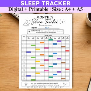 May include: A monthly sleep tracker printable document featuring a grid for tracking hours slept from one to ten. The page includes the title Monthly Sleep Tracker, a section for the month of May, instructions, and a tip at the bottom. The grid contains various coloured boxes representing sleep data.