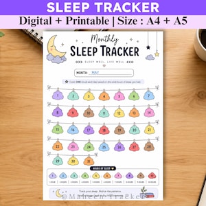 May include: A monthly sleep tracker printable sheet featuring a crescent moon and cloud theme. The page includes a calendar with numbered clouds from 1 to 31, a section for hours of sleep, and the text Monthly SLEEP TRACKER, SLEEP WELL, LIVE WELL.