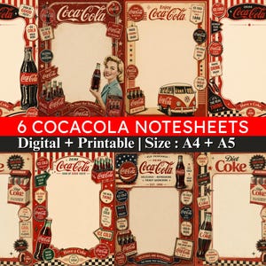 May include: Six digital and printable Coca-Cola themed note sheets in A4 and A5 sizes. The designs feature red and cream borders with vintage Coca-Cola branding, glass bottles, a classic van, and various promotional text like Drink Coca-Cola.
