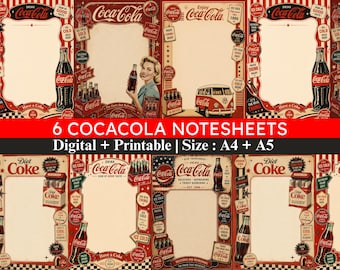 Vintage Coca Cola Printable Note Paper, Retro Stationery Bundle, A4 A5 Coca Cola Digital Papers, Americana Junk Journal, Scrapbook Paper