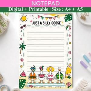 Funny Silly Goose Notepad Printable, Cute Digital Notepad, A4 A5 Lined Stationery, Summer Goose Notes, Teacher Notepad Template