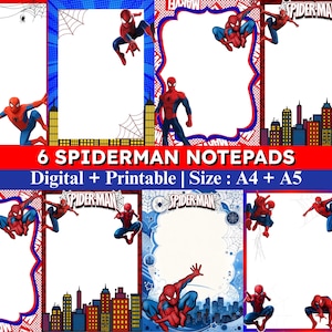 May include: Six digital and printable Spider-Man themed notepad designs in A4 and A5 sizes. Each page features red and blue borders, city skylines, spider webs, and various illustrations of Spider-Man in action poses with the Spider-Man logo.