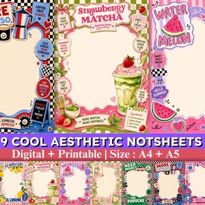 May include: A collection of nine decorative note sheets featuring colorful themes like espresso, strawberry matcha, and watermelon. Each sheet includes a central blank space for writing, surrounded by vibrant illustrations, text, and patterns.