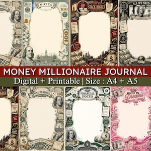 Puede incluir: Una colección de páginas de diario digitales e imprimibles con bordes decorativos inspirados en la moneda estadounidense. Los diseños incluyen ilustraciones de Benjamin Franklin, fajos de billetes, monedas y textos financieros como Stack Higher.