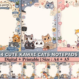 May include: A collection of digital and printable stationery notepads featuring cat-themed illustrations. The designs include various cartoon cats, paw prints, hearts, and text such as Cat-puccino, Life is Better with Cats, and Stay Pawsitive. Available in A4 and A5 sizes.
