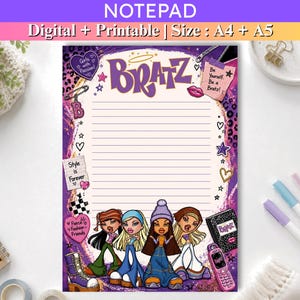 Bratz-Notizblock zum Ausdrucken, süßer digitaler Notizblock, liniertes Briefpapier im A4- und A5-Format, Notizen im Y2K-Girl-Stil, lustige Notizblockvorlage, sofortiger Download