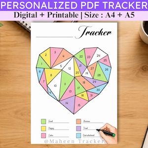 Può includere: Un tracker PDF personalizzato con un design geometrico a forma di cuore diviso in trentuno sezioni numerate. La pagina include una legenda a colori per monitorare gli stati d'animo, etichettata come Good, Happy, Calm, Anxious, Tired e Overwhelmed. Il testo riporta Tracker e Maheen Tracker.