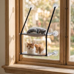 Puede incluir: Una hamaca para gatos de dos niveles con dos gatos. En el nivel superior, un gato gris duerme, y en el nivel inferior, un gato naranja y blanco está sentado. La hamaca se fija a la ventana con ventosas.