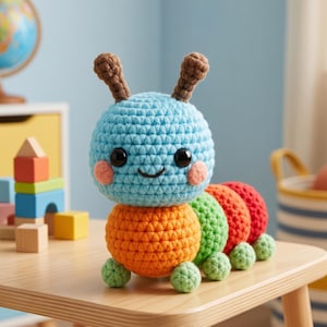 May include: A handmade crochet caterpillar toy with a blue head, orange body, and colorful segments. The caterpillar has black eyes, pink cheeks, and brown antennae. The toy is sitting on a wooden surface.