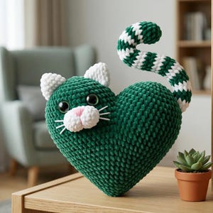 Puede incluir: Un peluche artesanal con forma de gato en forma de corazón verde con detalles blancos. El gato tiene orejas blancas, una nariz rosa y bigotes blancos. Su cola a rayas es verde y blanca. El peluche está sobre una superficie de madera.
