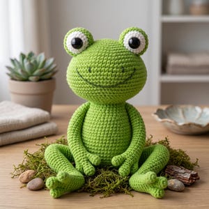 Può includere: Un peluche a forma di rana realizzato all'uncinetto in verde brillante, con grandi occhi bianchi e neri e un sorriso ricamato. Il pupazzo presenta una testa rotonda, un corpo compatto e lunghe zampe piegate, con una trama di filato visibile.