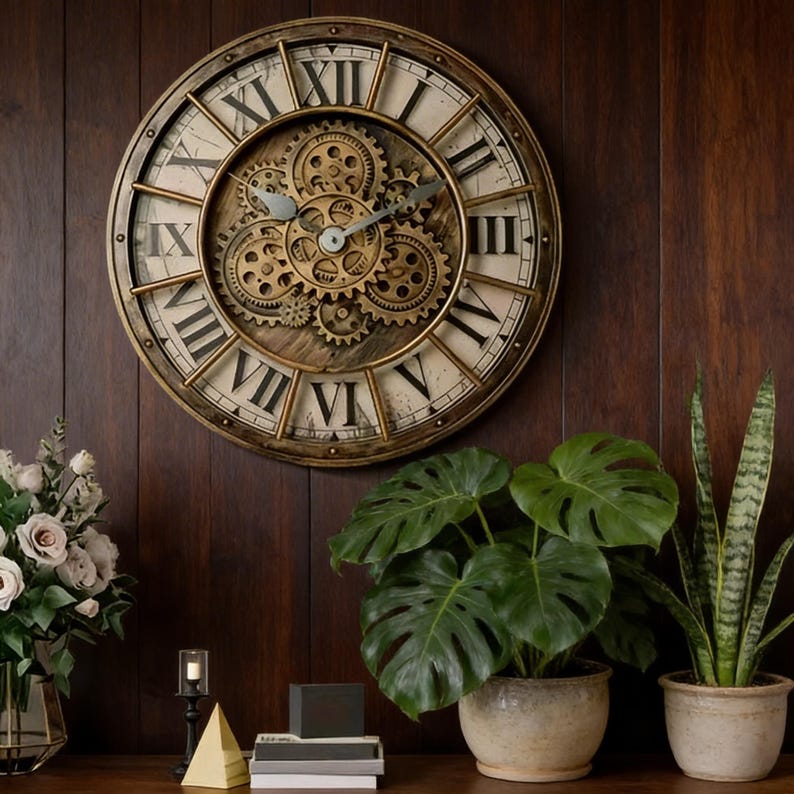 Steampunk Moving Gear Wall Clock | Large Industrial Roman Numeral ...