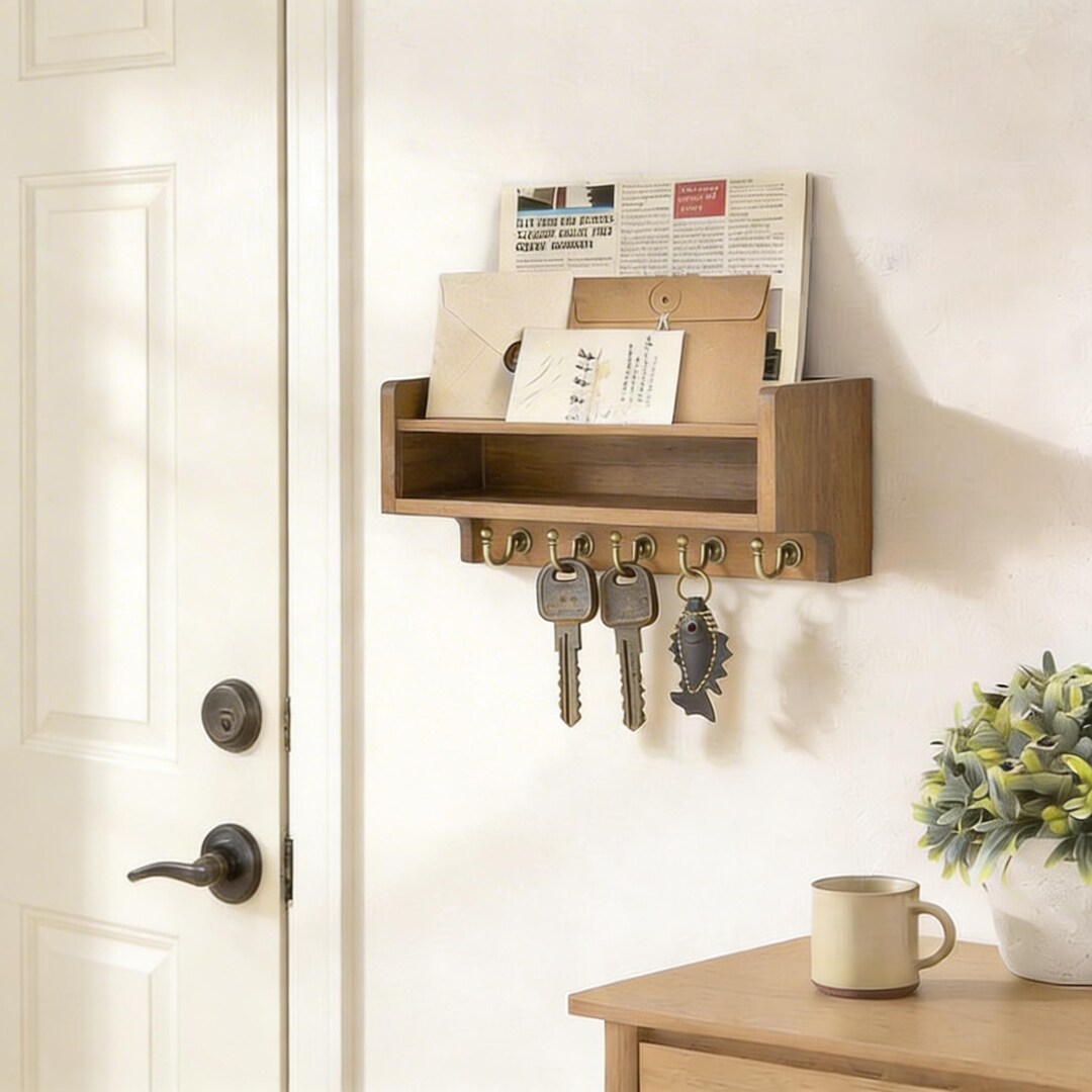 Farmhouse Wooden Key Holder Wall Mount With Shelf | Rustic Entryway Key ...