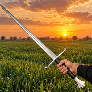 May include: A silver-colored metal sword with a long, pointed blade, a straight crossguard, and a black grip. The handle terminates in a flared, metallic pommel. The sword is held at an angle against a backdrop of a green field at sunset.