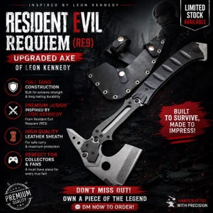 Pode incluir: Um machado atualizado de Leon Kennedy de Resident Evil Requiem (RE9). O machado tem uma construção full tang, design premium e uma bainha de couro de alta qualidade. A imagem inclui o texto "Built to survive, made to impress!" e "Don't miss out! Own a piece of the legend."