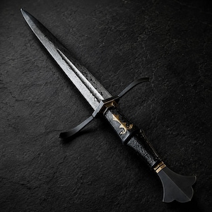 May include: A double-edged dagger featuring a patterned Damascus steel blade, a black textured grip with gold-coloured decorative inlay, a black crossguard, and a flared pommel. The blade displays a distinct wavy layered metal texture.