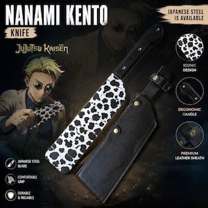 May include: A black and white knife with a dalmatian-like pattern on the blade, featuring the text "NANAMI KENTO" and "JUJUTSU KAISEN". The knife has a black handle and comes with a black leather sheath. The image also highlights the Japanese steel blade and ergonomic handle.
