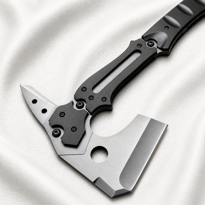 May include: A tactical axe with a black handle and a silver blade. The axe head features a sharp blade, a pointed end, and a circular hole. The handle has a textured grip for secure handling. The axe is designed for outdoor and survival use.