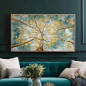 Tree Canopy Wall Art Large Framed Canvas Print Looking Up Branches Radiate Outward Kaleidoscopic Bold Nature Painting Decor Living Room