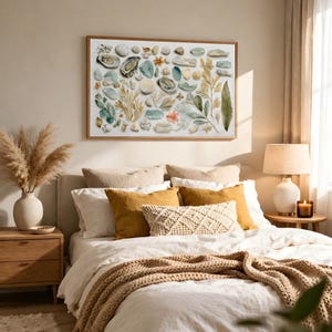 Coastal Wall Art Large Framed Canvas Print Oyster Shells Sea Glass Linen Flat Lay Soft Beach Painting Nature Decor for Bedroom Above Bed