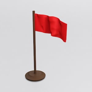 Peut inclure: Un drapeau rouge uni fixé à un mât marron avec une base circulaire marron. Le drapeau présente une texture ondulée et plissée comme s'il flottait au vent, monté verticalement sur le mât droit centré sur la base ronde et plate.