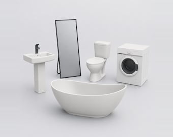 Miniature Modern Bathroom and Laundry Fixtures STL Set - 1:12 Dollhouse Miniatures 3D Print Files