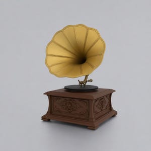May include: A vintage-style gramophone with a golden horn and a dark brown wooden base. The base features carved floral designs. The horn is positioned above a black record player. The gramophone is a classic piece of audio equipment.