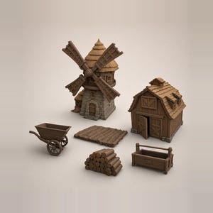 May include: A miniature set featuring a brown windmill with a stone base, a wooden barn with open doors, a small wheelbarrow, a rectangular tilled field patch, a stack of logs, and a rectangular wooden trough, all rendered in a monochromatic brown tone.