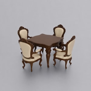 Peut inclure: Un ensemble de salle à manger composé d'une table carrée en bois brun foncé aux bords incurvés et de quatre chaises assorties. Chaque chaise présente une structure en bois sculpté brun foncé avec des détails complexes et une assise crème.