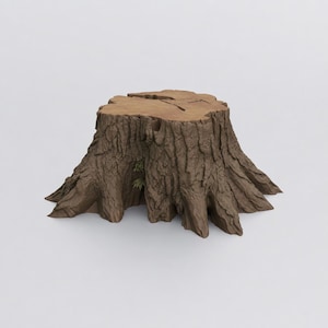 May include: A brown tree stump with a textured, rugged bark surface and a flat, circular top featuring natural wood grain patterns. A small patch of green foliage is visible tucked into a crevice along the side of the base of the tree stump.