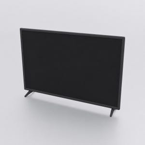 May include: A flat-screen television with a thin black frame and a solid black display screen. The television is supported by two small, angled black legs positioned at the bottom corners, providing a stable base for the rectangular device.