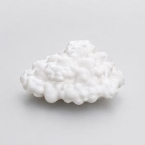 May include: A white, three-dimensional sculpture shaped like a fluffy cloud. The object features a matte finish with numerous rounded, organic protrusions that create a textured, bumpy surface resembling a cumulus cloud formation in white.