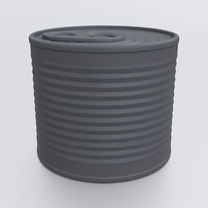 May include: A cylindrical metal food can with a dark gray finish and a ribbed exterior surface. The top of the can features a circular pull-tab mechanism integrated into the lid, designed for opening the container without the need for tools.