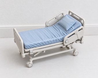 1:12 miniatyr sjukhussäng STL-fil, medicinsk säng 3D-utskriftsmodell för diorama, dockhus, klinikscen